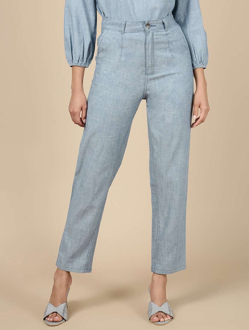 women blue solid mid rise straight trouser - 21993799 -  Standard Image - 1