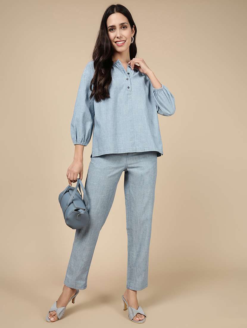 women blue solid mid rise straight trouser - 21993799 -  Standard Image - 4