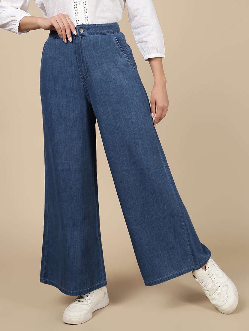 women solid high rise wide leg trouser
