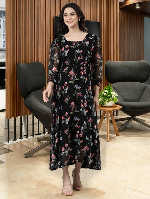 women black floral print fit & flare dress - 21993875 -  Standard Image - 0