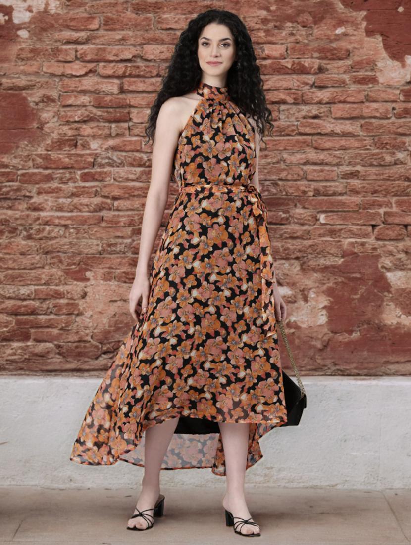 women black floral print halter neck high low dress - 21993876 -  Standard Image - 1