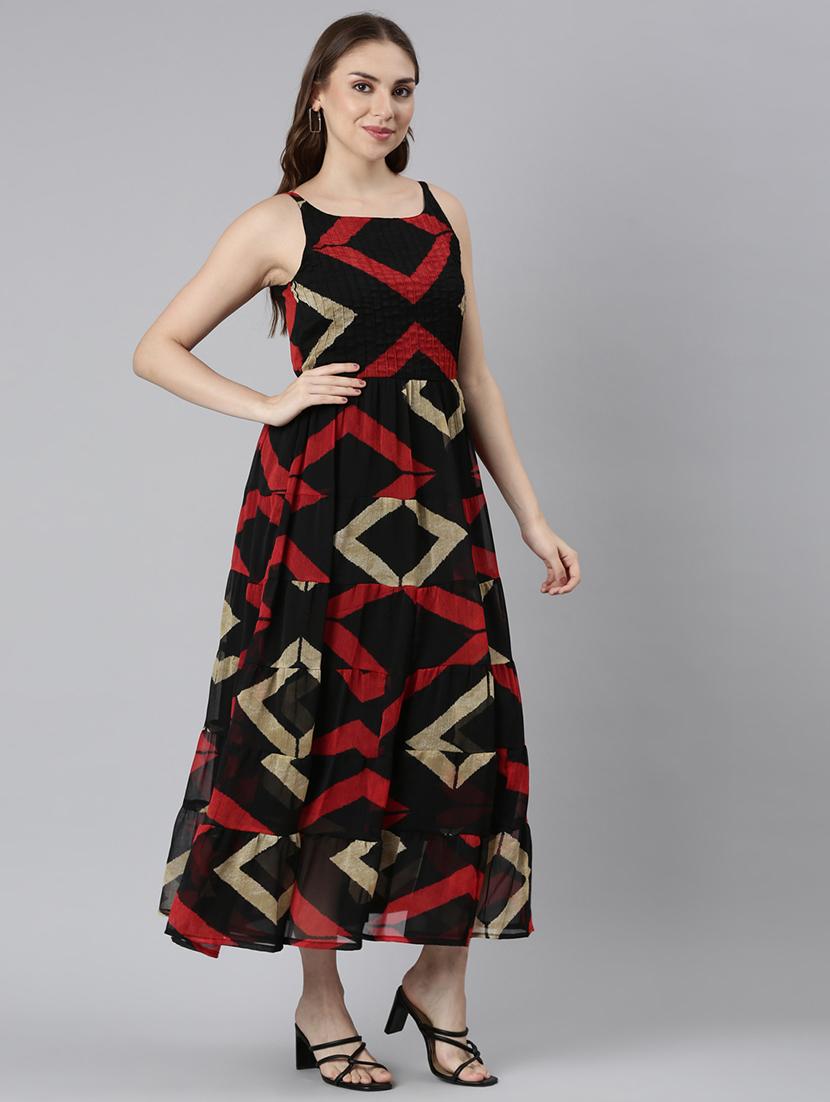 women geometric print shoulder strap tiered dress - 21993905 -  Standard Image - 1