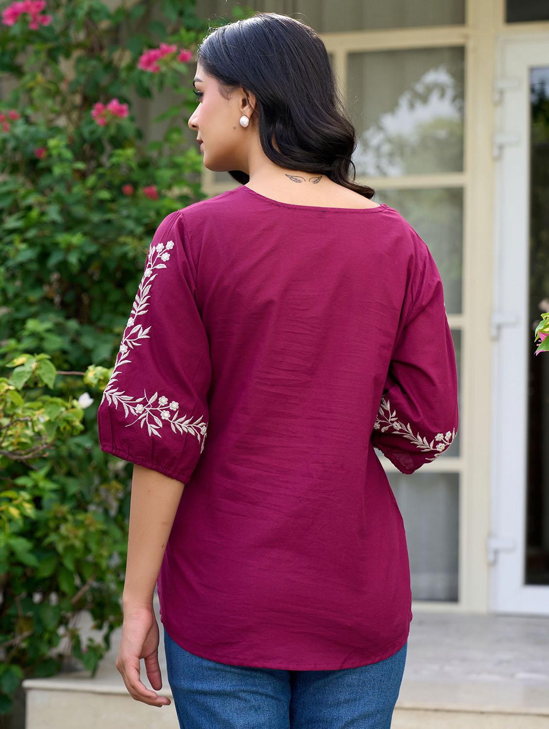women solid with work puff sleeve ethnic top - 21994517 - Standard Image - 1