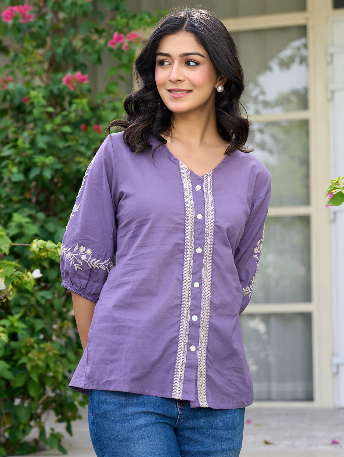 women solid with work puff sleeve ethnic top - 21994519 - Standard Image - 1