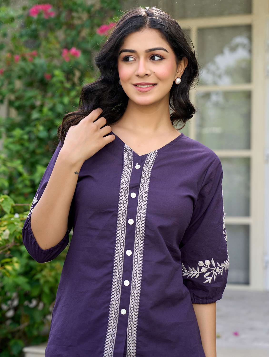 women solid with work puff sleeve ethnic top - 21994520 - Standard Image - 1