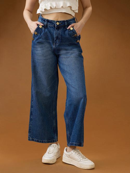 globus women mid blue cotton whiskers effect mid-rise wide leg denim jeans - 21994527 - Standard Image - 0