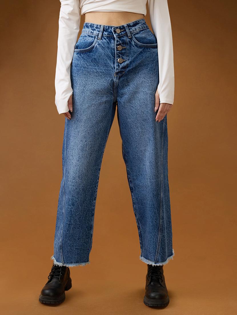 globus women mid blue cotton high-rise light fade frayed hem wide leg denim jeans - 21994528 - Zoom Image - 0