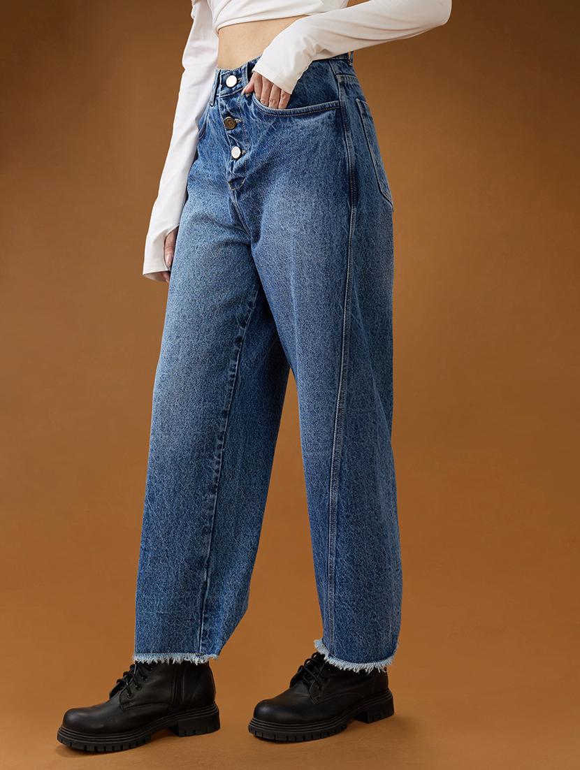 globus women mid blue cotton high-rise light fade frayed hem wide leg denim jeans - 21994528 -  Standard Image - 1