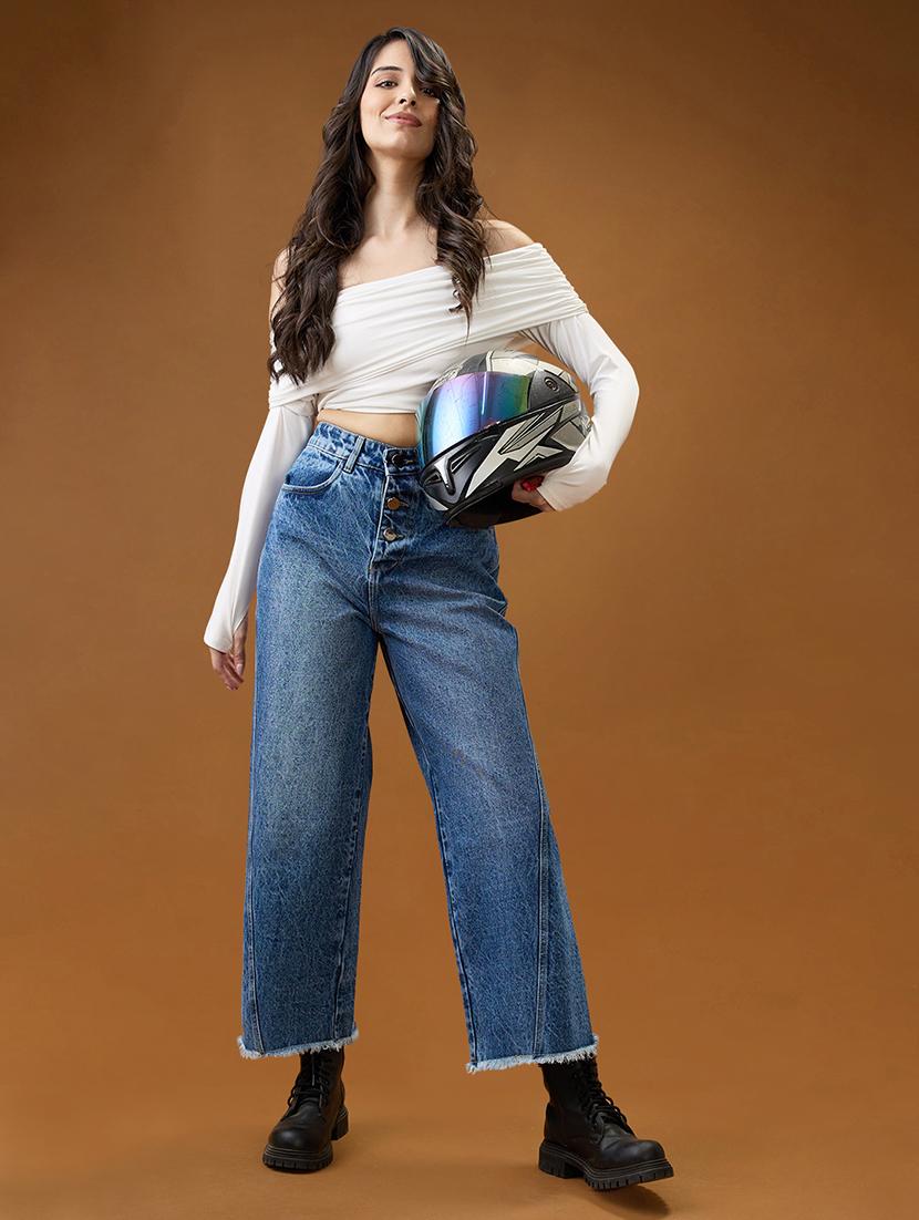 globus women mid blue cotton high-rise light fade frayed hem wide leg denim jeans - 21994528 - Standard Image - 4