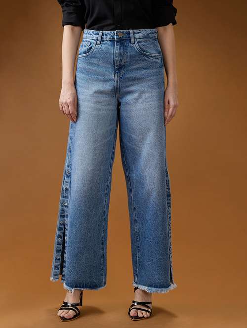 globus women mid blue cotton high-rise light fade frayed hem wide leg denim jeans - 21994529 - Standard Image - 0