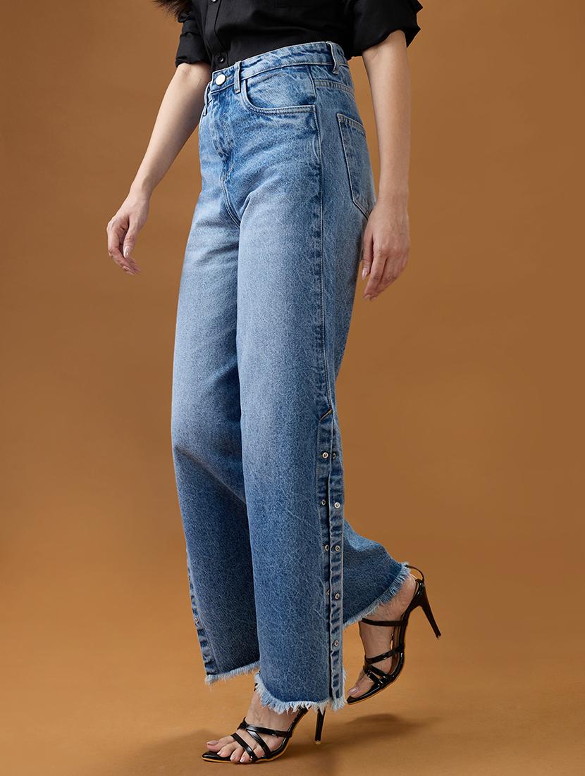globus women mid blue cotton high-rise light fade frayed hem wide leg denim jeans - 21994529 -  Standard Image - 1