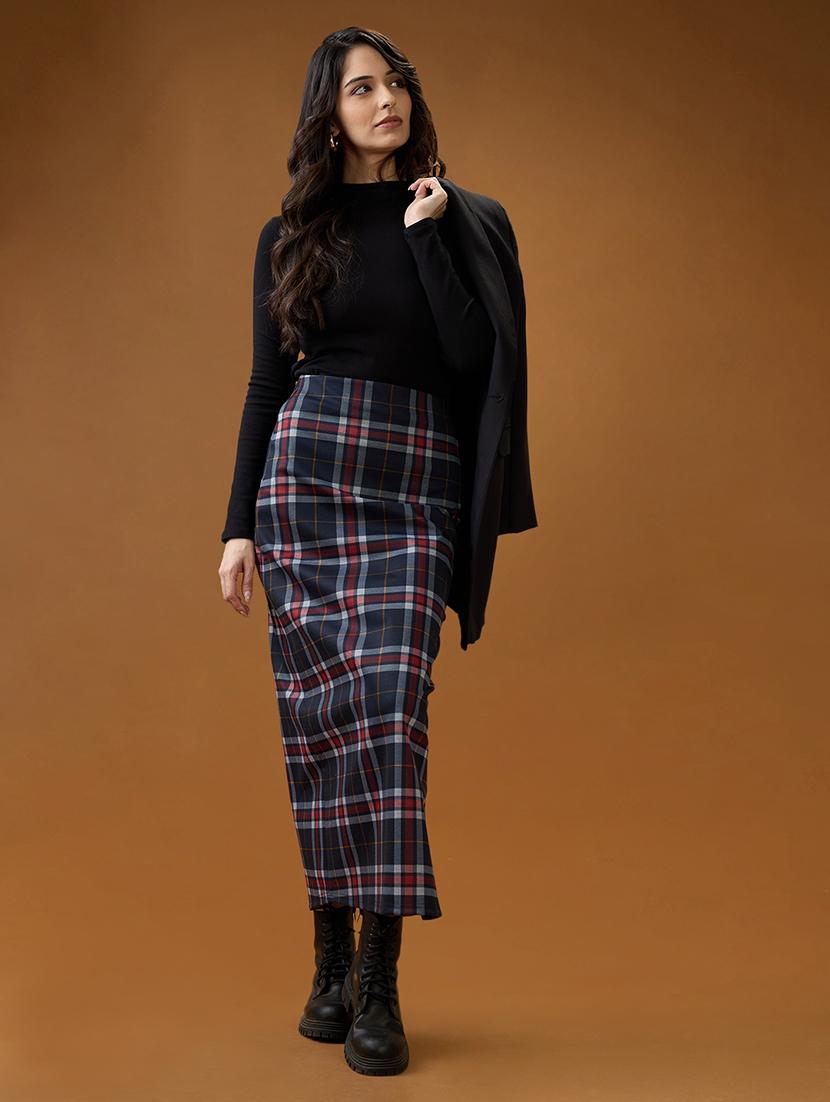 globus women red checked mid-rise side slit straight maxi skirt - 21994532 - Standard Image - 1