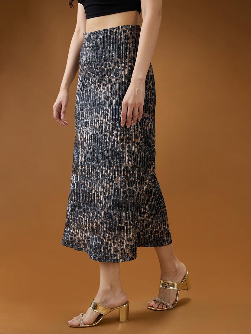 globus women black lurex pleated leopard print shimmer detailing mid-rise a-line midi skirt - 21994536 -  Standard Image - 1