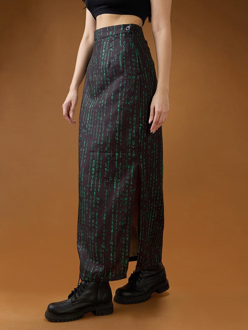 globus women black & green digital print mid-rise side slit straight mdi skirt - 21994538 -  Standard Image - 1