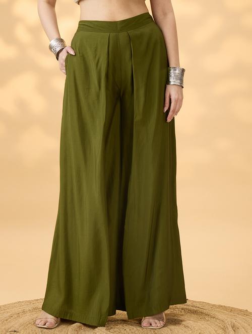 globus women olive solid high rise pleated wide leg flared fusion trousers - 21994539 - Standard Image - 0