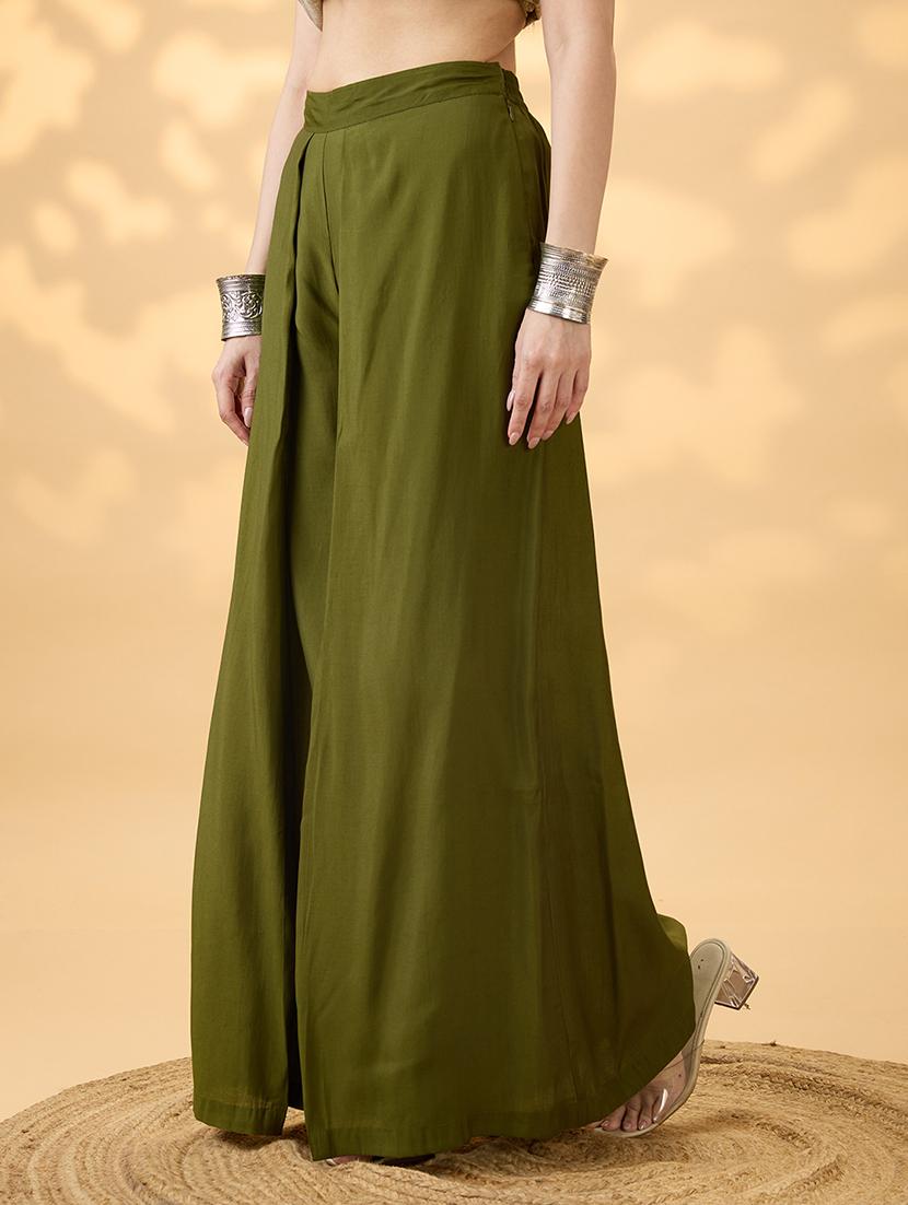 women olive solid high rise flared palazzo - 21994539 -  Standard Image - 1