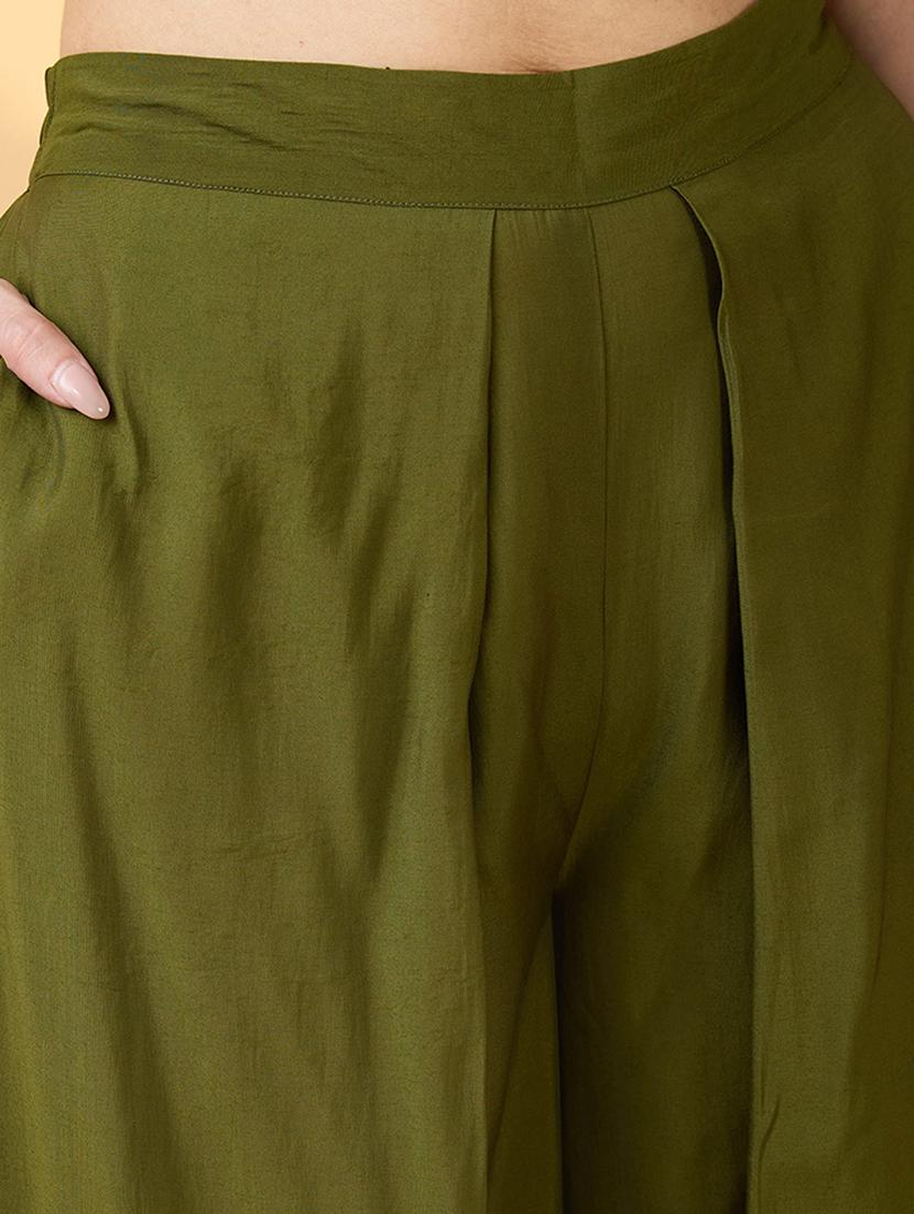women olive solid high rise flared palazzo - 21994539 - Standard Image - 4