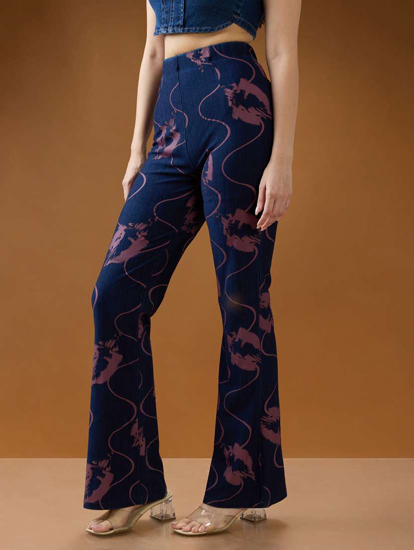 globus women dark blue abstract print mid rise stretchable bootcut denim trousers - 21994540 -  Standard Image - 1