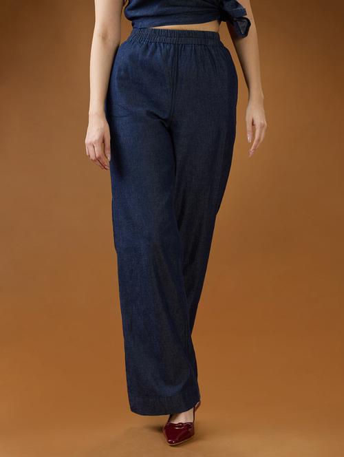 women solid globus women dark blue mid rise pleated relaxed fit wide leg denim trousers rise denim straight trouser - 21994541 - Standard Image - 0