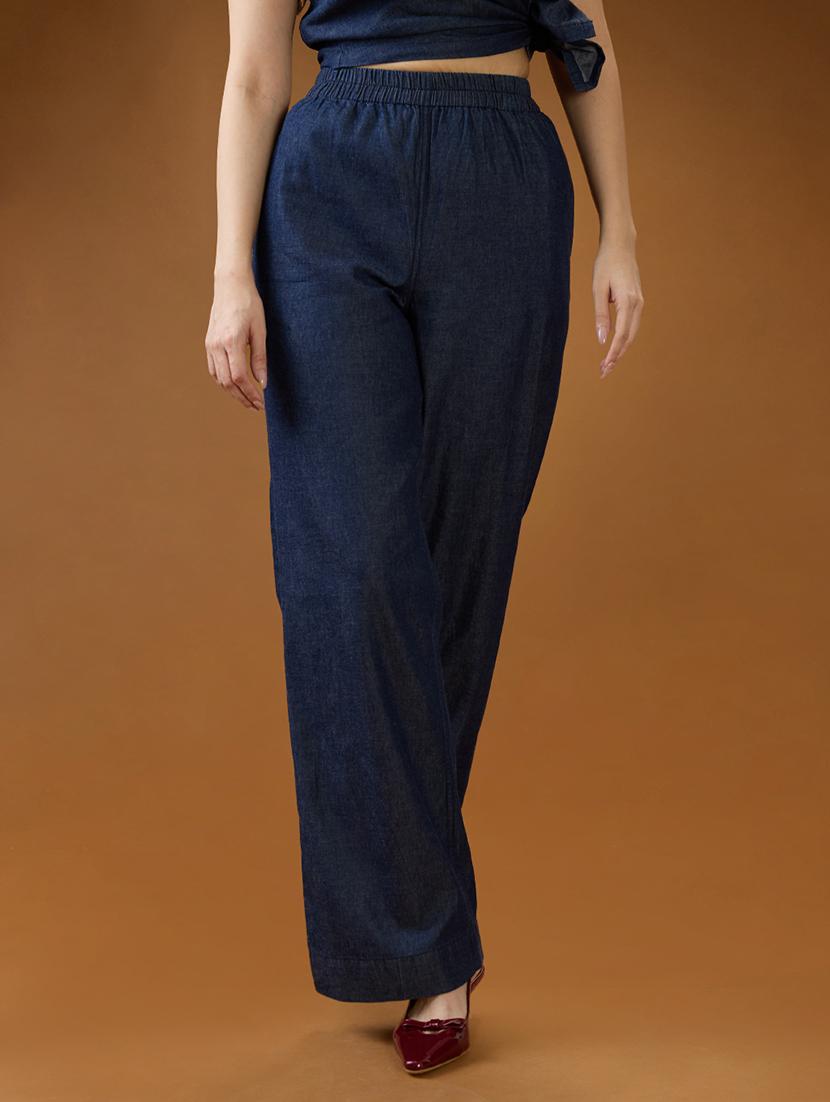 women solid globus women dark blue mid rise pleated relaxed fit wide leg denim trousers rise denim straight trouser - 21994541 - Zoom Image - 0