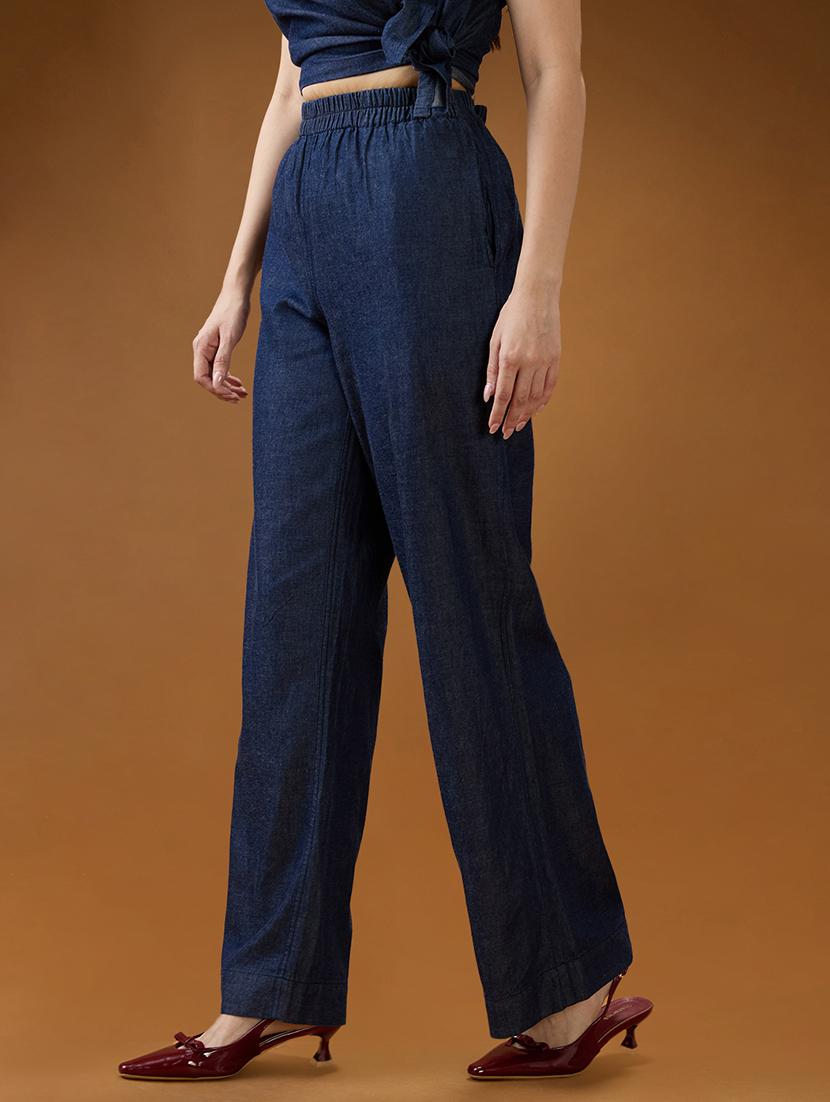 women solid globus women dark blue mid rise pleated relaxed fit wide leg denim trousers rise denim straight trouser - 21994541 -  Standard Image - 1