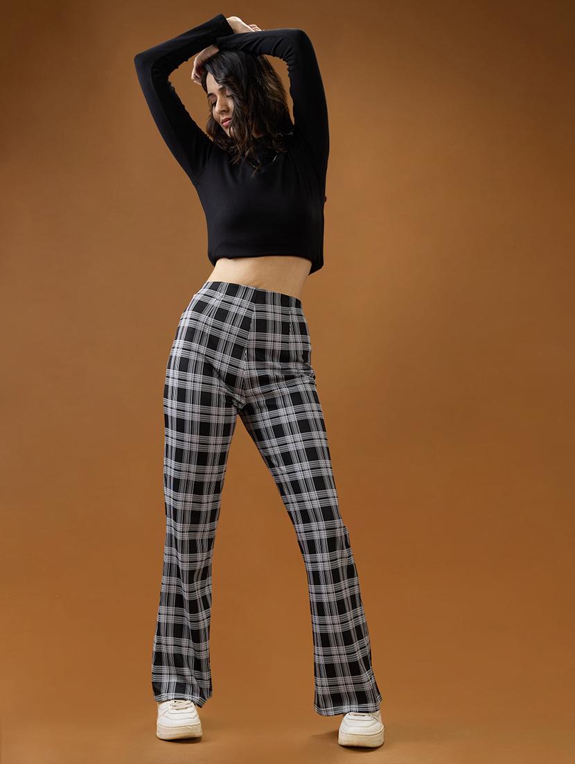 globus women black checkered mid rise flared trousers - 21994542 -  Standard Image - 1