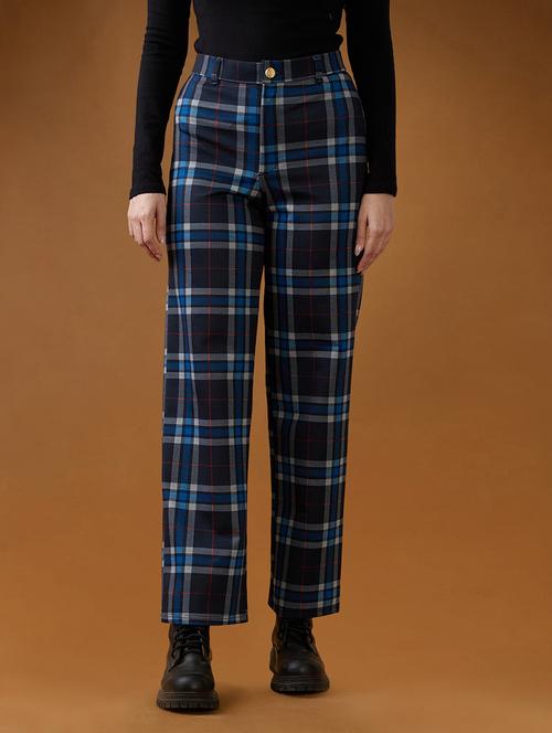 women globus women blue checks mid rise straight fit formal trousers mid rise straight trouser - 21994544 -  Standard Image - 0