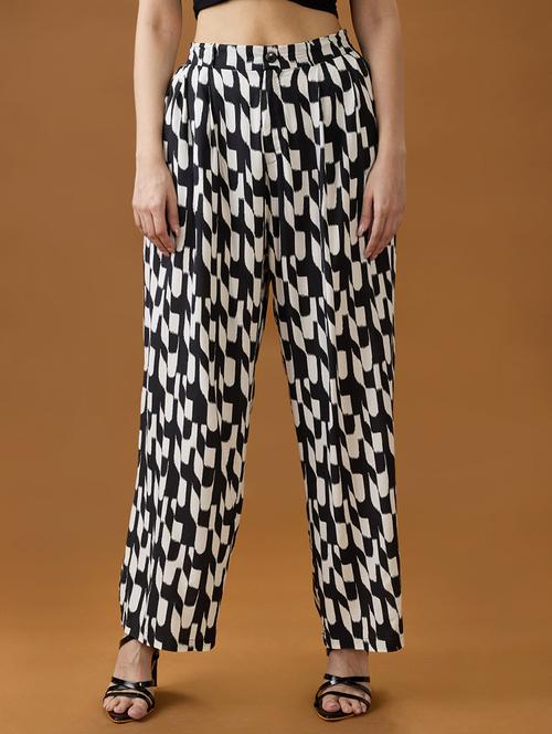 globus women black & white abstract print mid rise relaxed fit trousers - 21994545 - Standard Image - 0