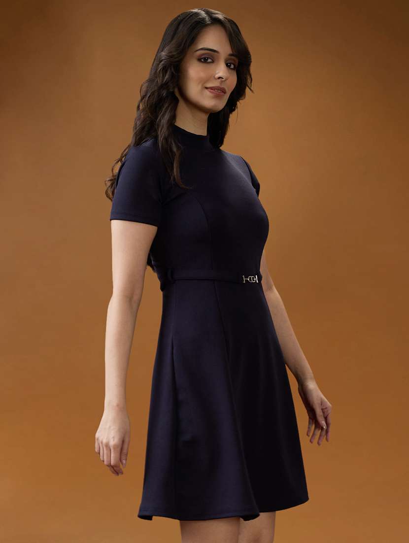 globus women navy blue high neck short sleeves solid mini belted a-line workwear dress - 21994550 -  Standard Image - 1