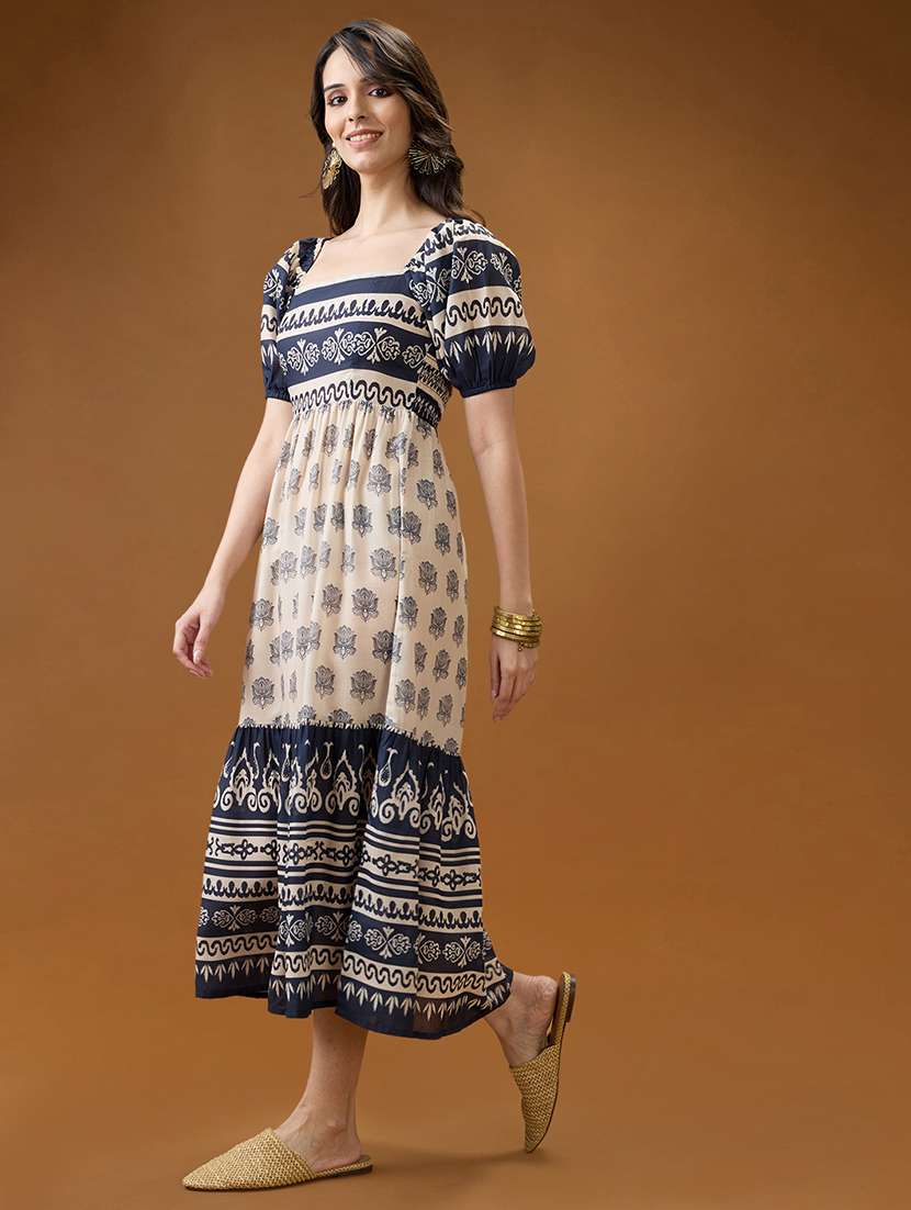 globus women blue square neck puff sleeves ethnic print smocked tiered fit & flare midi dress - 21994551 -  Standard Image - 1