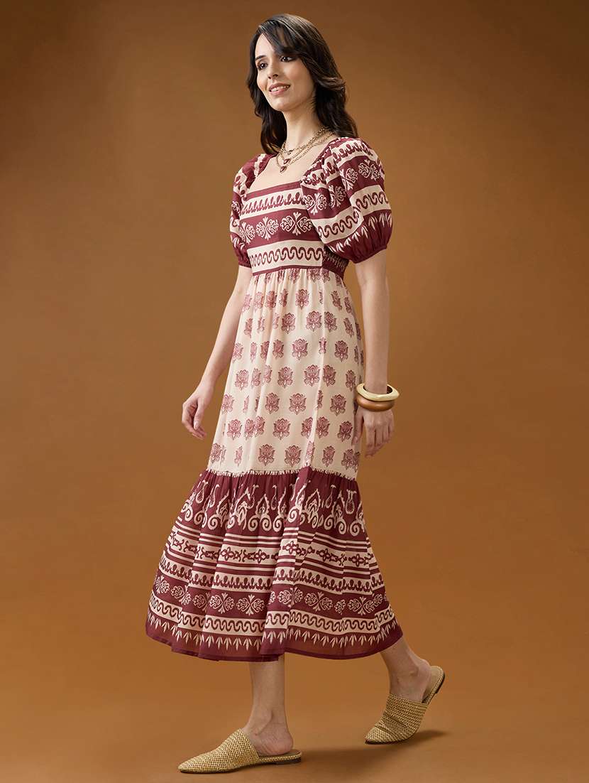 globus women maroon square neck puff sleeves ethnic print smocked tiered fit & flare midi dress - 21994552 -  Standard Image - 1