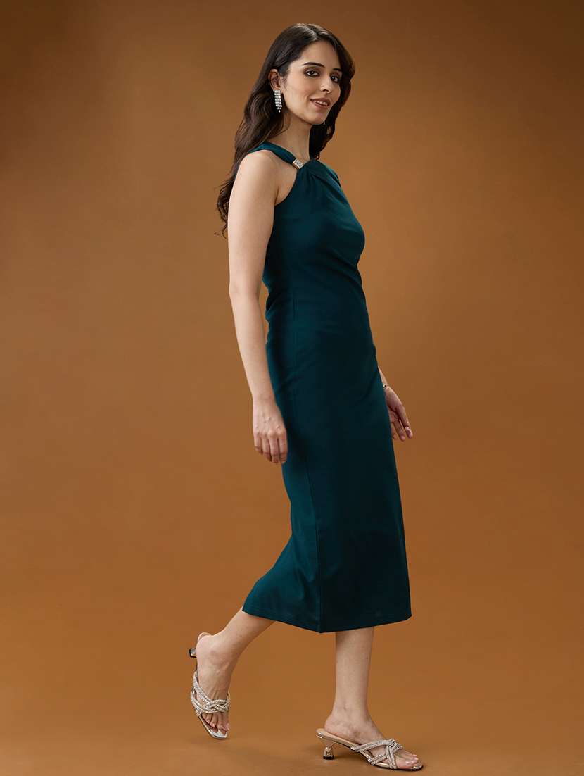 globus women green one shoulder twisted detail back slit midi bodycon party dress - 21994553 - Standard Image - 1