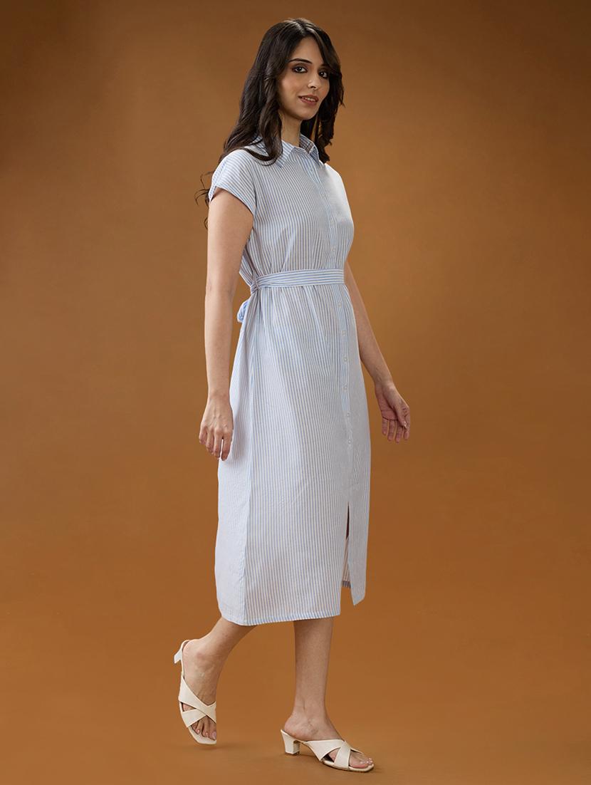 globus women blue collared neck extended sleeves striped midi workwear shirt dress with belt - 21994554 - Standard Image - 1