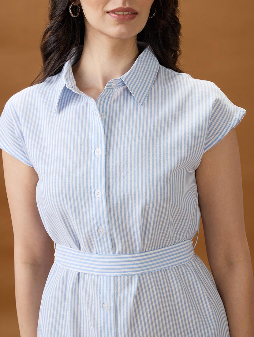 globus women blue collared neck extended sleeves striped midi workwear shirt dress with belt - 21994554 - Standard Image - 4