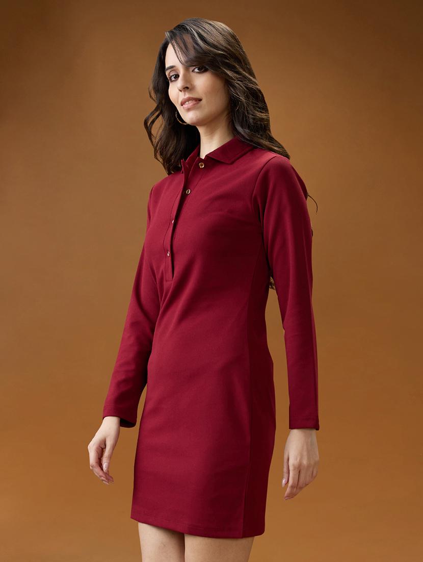 globus women maroon shirt collar long sleeves solid mini bodycon workwear dress - 21994556 - Standard Image - 1