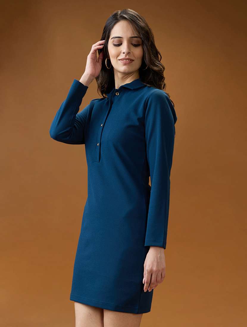 globus women blue shirt collar long sleeves solid mini bodycon workwear dress - 21994557 - Standard Image - 1