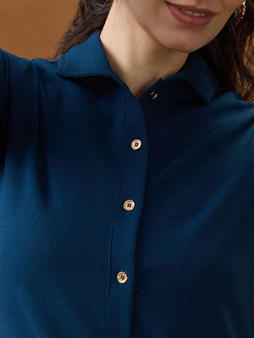 globus women blue shirt collar long sleeves solid mini bodycon workwear dress - 21994557 - Standard Image - 4
