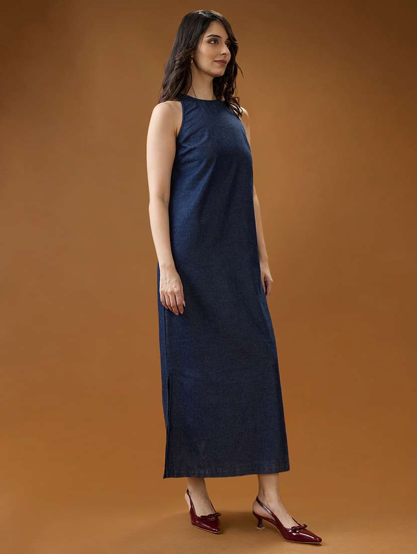 globus women dark blue round neck sleeveless solid a-line maxi dress - 21994559 -  Standard Image - 1