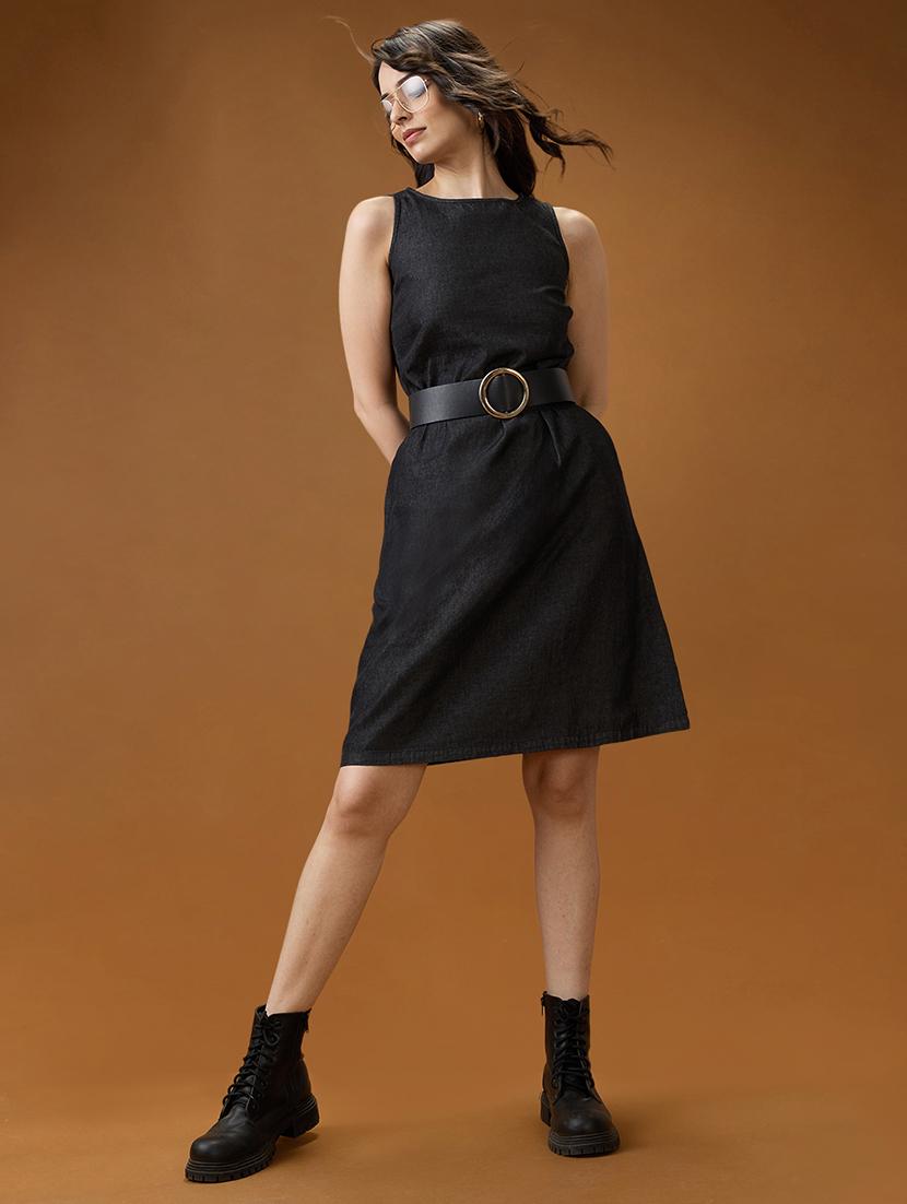 globus women black round neck sleeveless solid knee length a-line dress - 21994560 - Zoom Image - 0