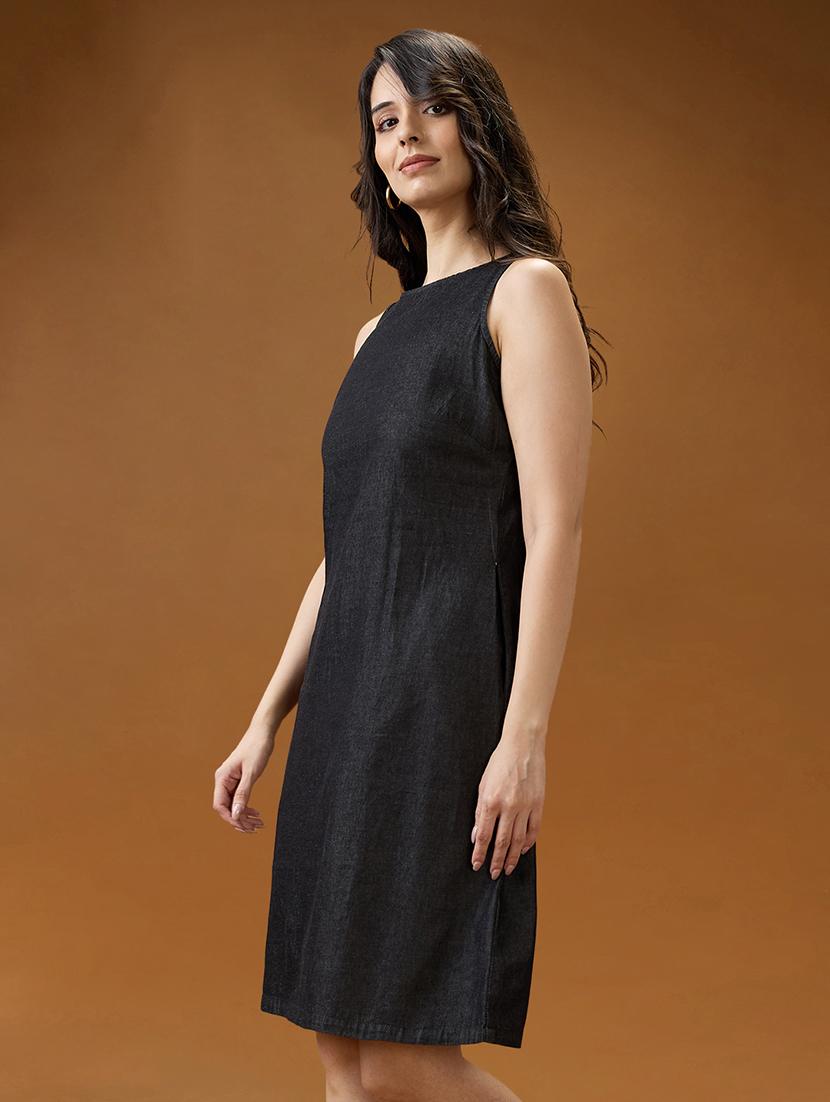 globus women black round neck sleeveless solid knee length a-line dress - 21994560 -  Standard Image - 1