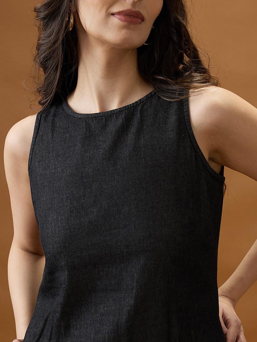 globus women black round neck sleeveless solid knee length a-line dress - 21994560 - Standard Image - 4