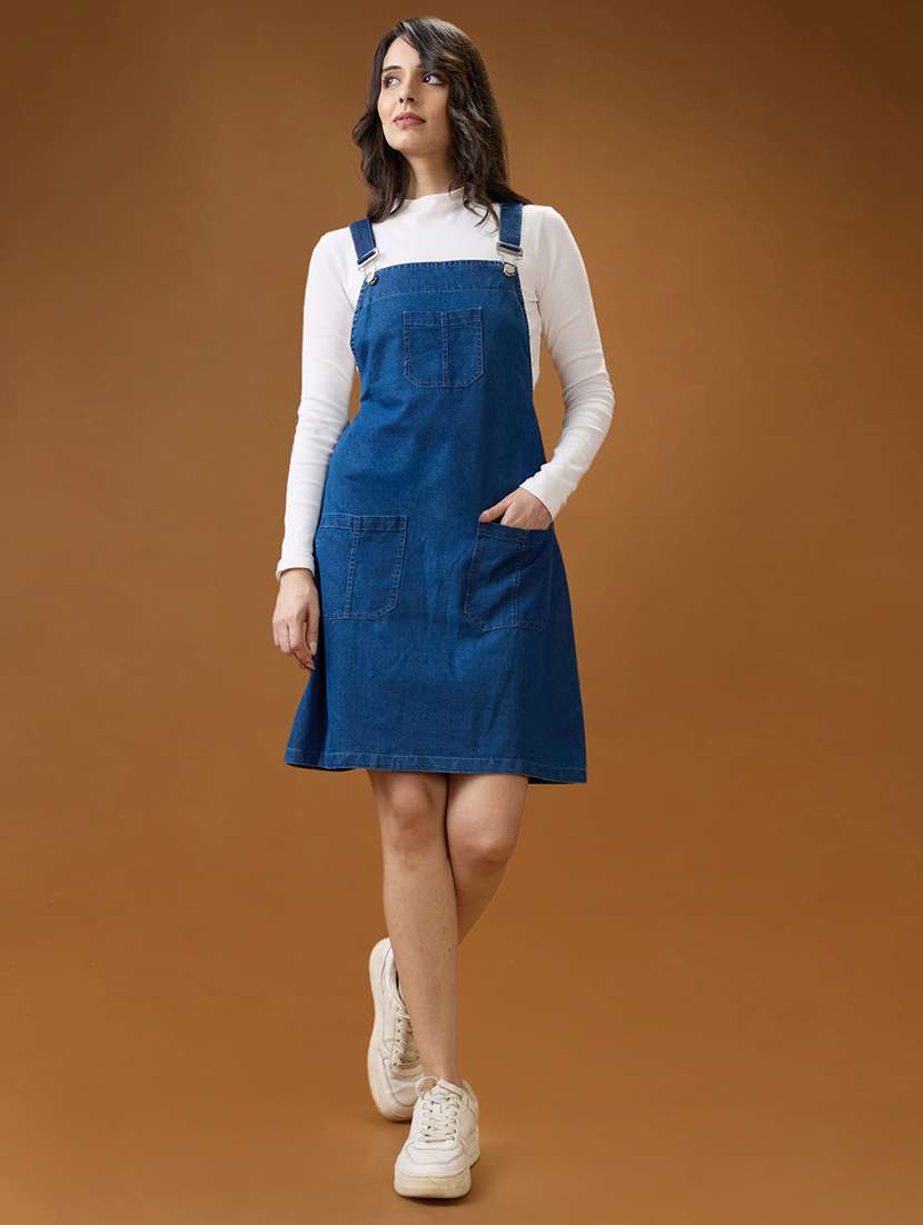 globus women med blue square neck strappy shoulder solid pocket detail above knee dungaree dress