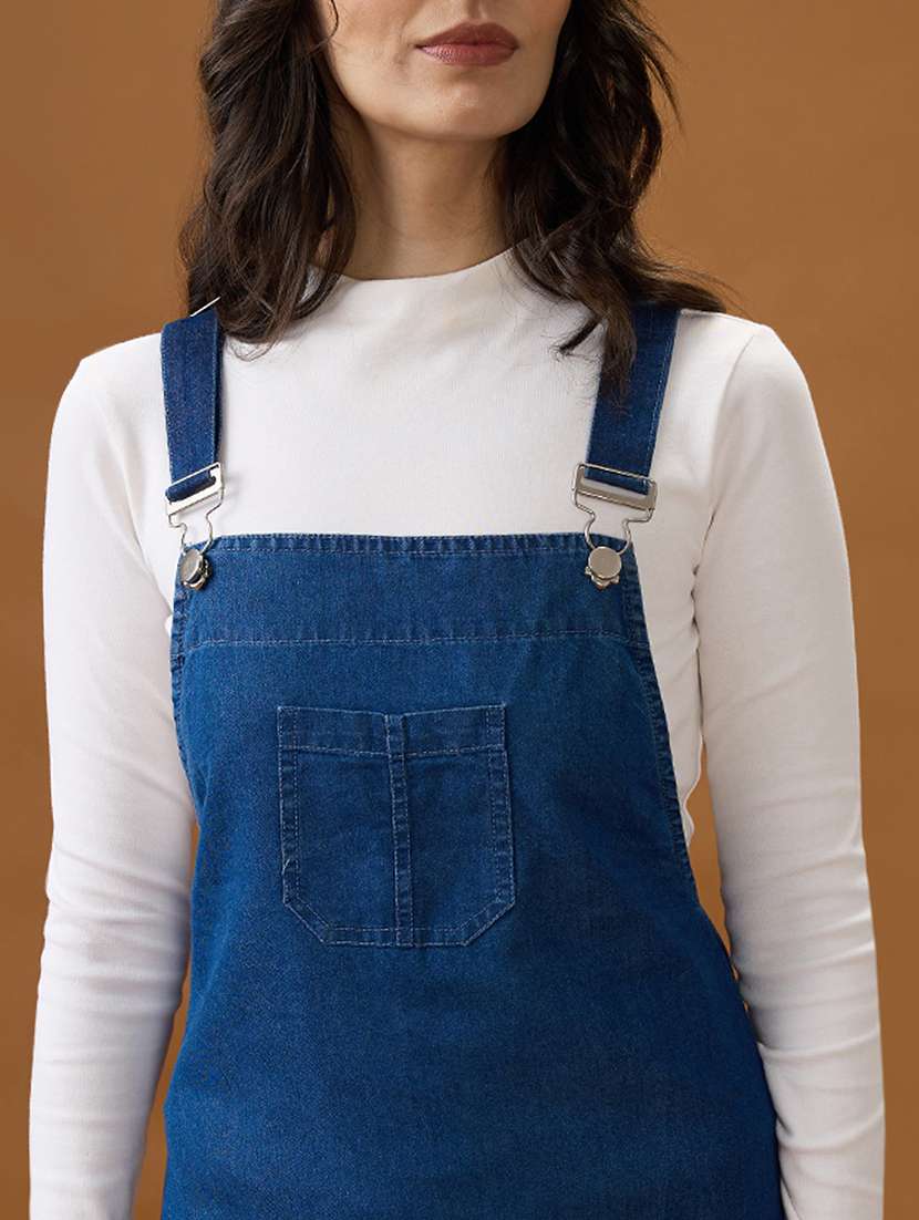 globus women med blue square neck strappy shoulder solid pocket detail above knee dungaree dress - 21994561 - Standard Image - 4