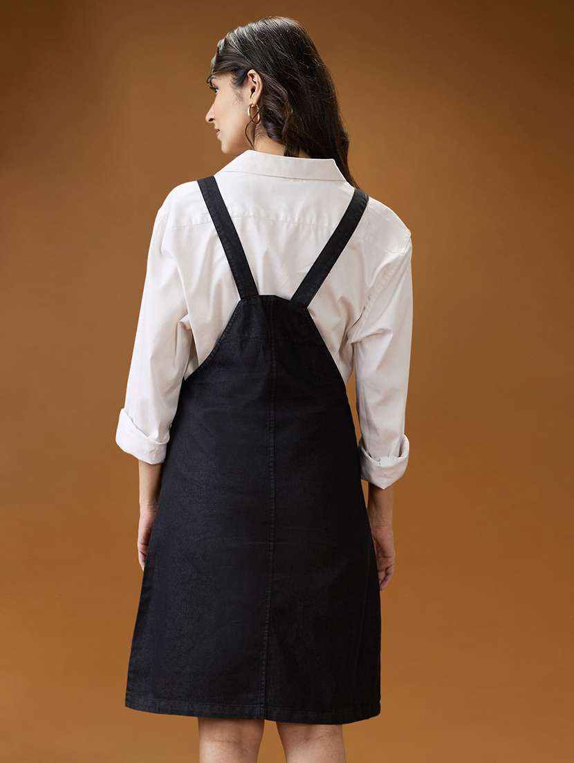 globus women black square neck strappy shoulder solid pocket detail above knee dungaree dress - 21994562 -  Standard Image - 1