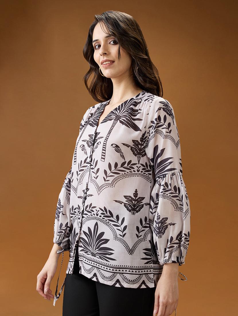 globus women black & white tribal print v-neck bishop sleeves shirt style top - 21994563 - Standard Image - 1