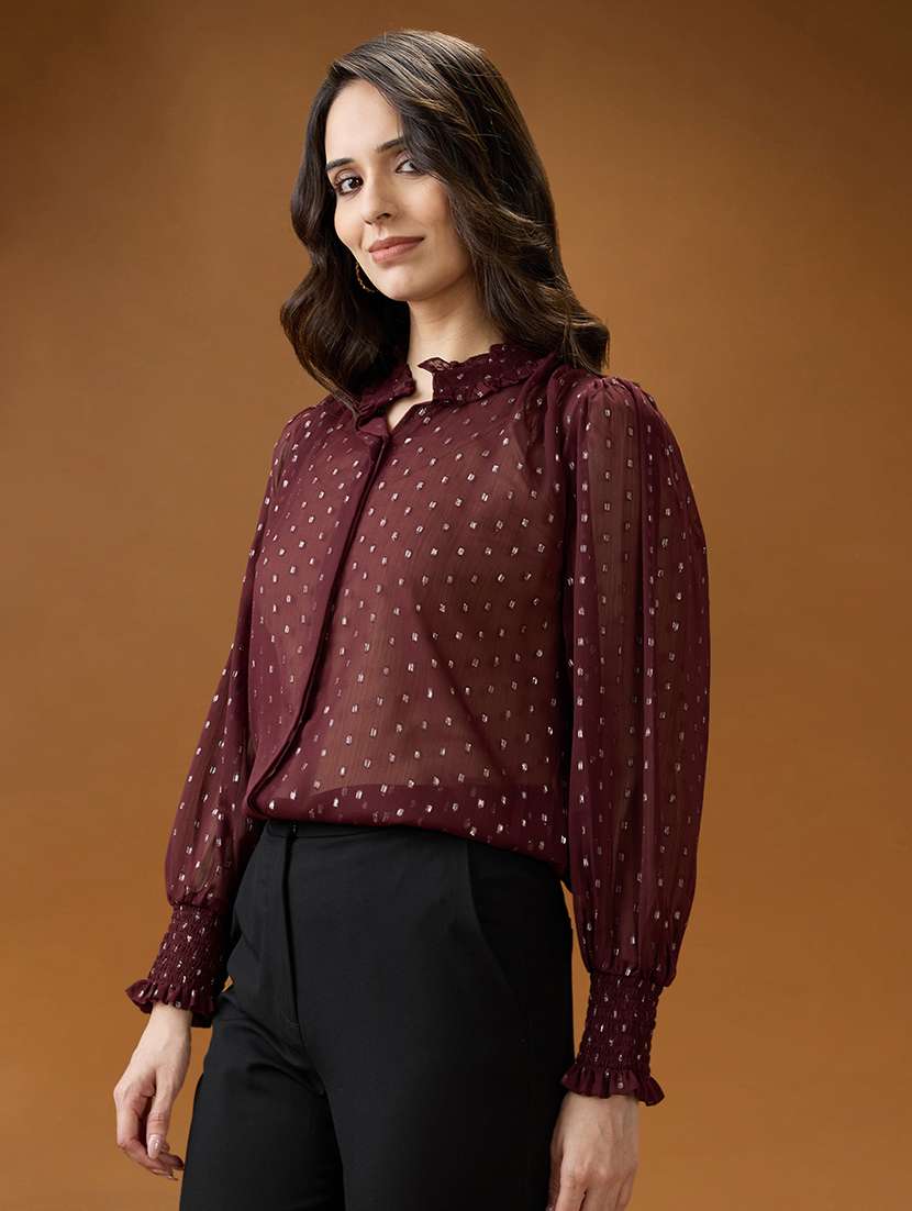 globus women maroon frilled neck bishop sleeves lurex detail georgette shirt style top - 21994565 -  Standard Image - 1