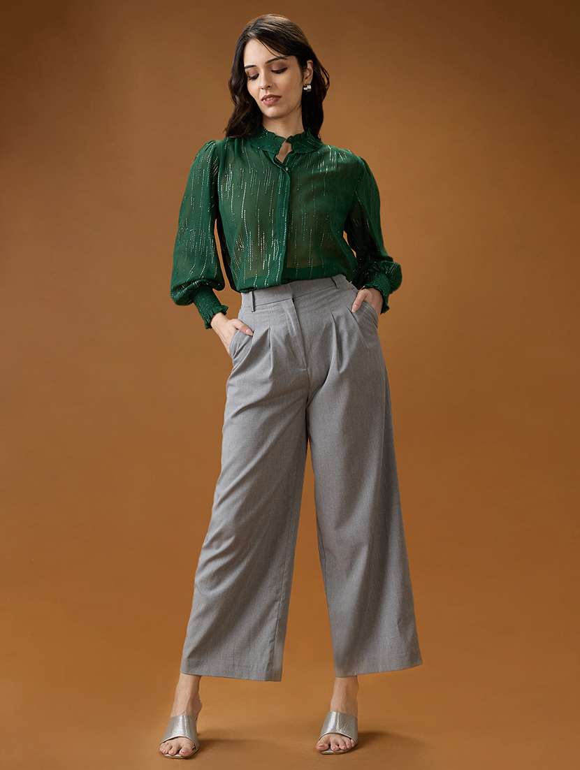 globus women green frilled neck bishop sleeves sequinned detail georgette shirt style top - 21994566 -  Standard Image - 4