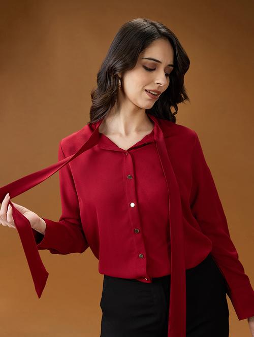 globus women red collared neck tie detail cuff sleeves party shirt - 21994571 - Standard Image - 0
