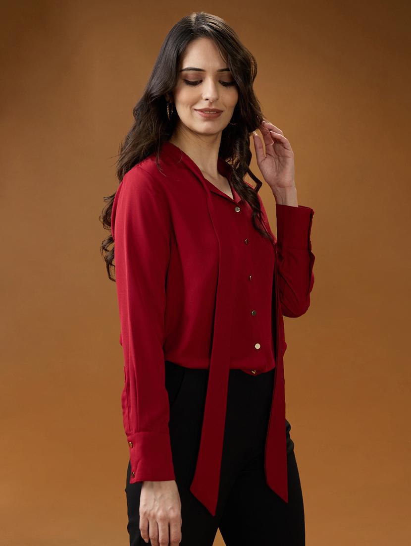 globus women red collared neck tie detail cuff sleeves party shirt - 21994571 -  Standard Image - 1
