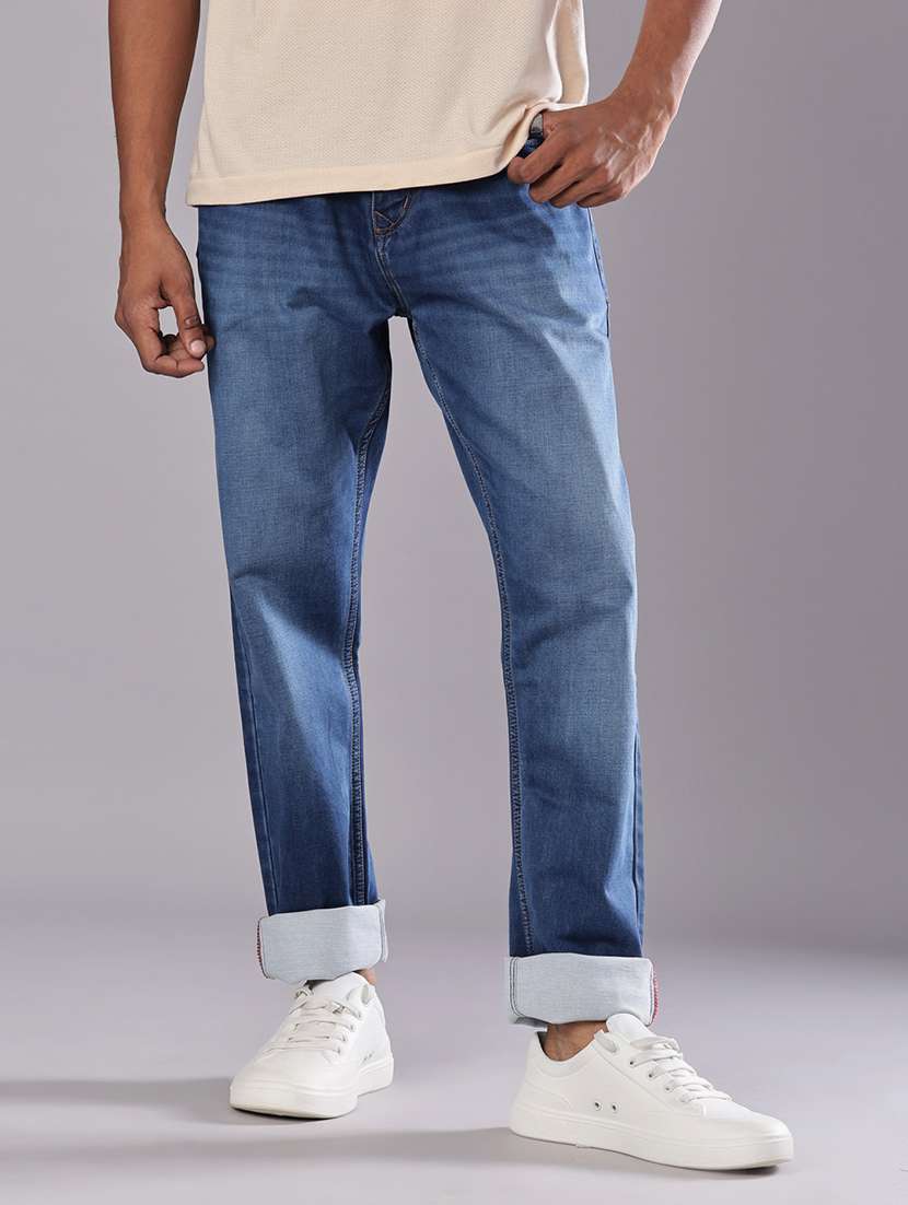men solid mid rise straight fit jean